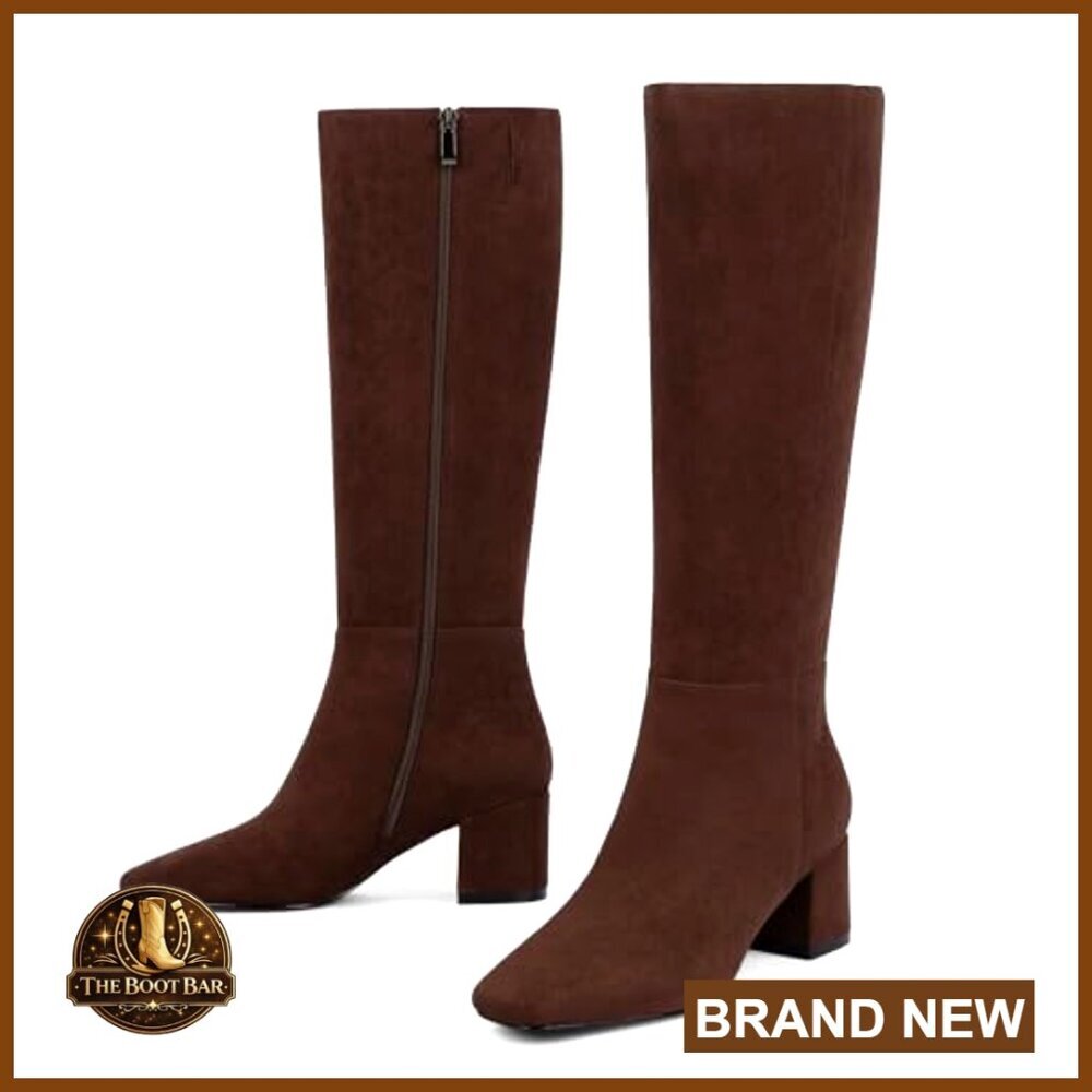 Knee High Boots Chunky Heel Square Toe Faux Suede Tall Boots - Picture 4 of 7